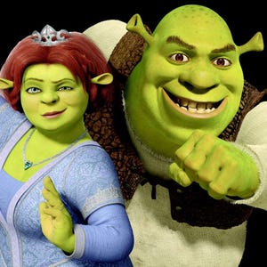 May include: A digital illustration of Shrek and Princess Fiona from the animated film. Shrek, a green ogre, smiles broadly. Fiona, also green, wears a blue dress and a crown. The background is black.