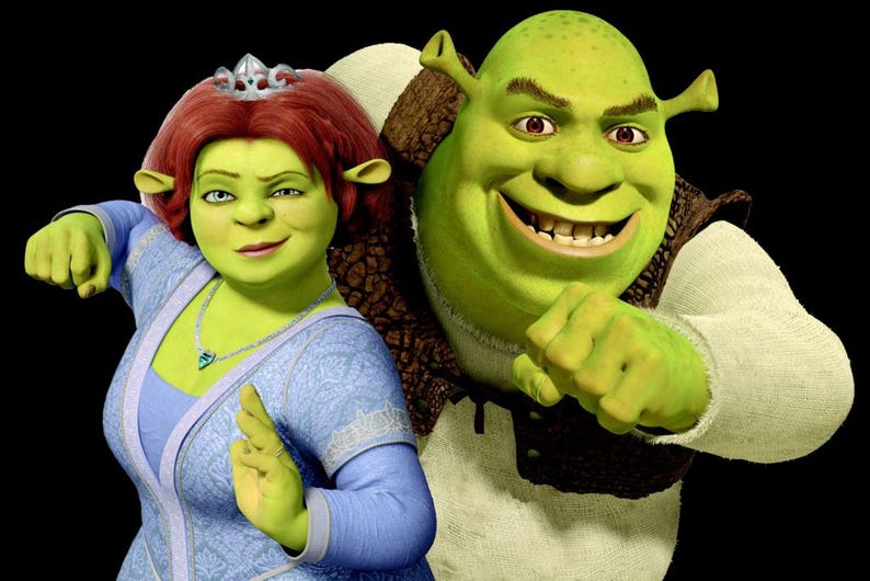May include: A digital illustration of Shrek and Princess Fiona from the animated film. Shrek, a green ogre, smiles broadly. Fiona, also green, wears a blue dress and a crown. The background is black.