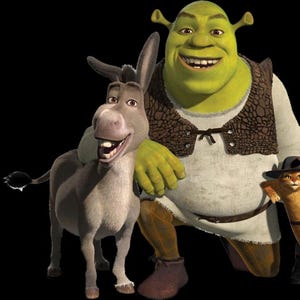 May include: A digital illustration featuring characters from the animated film Shrek. The characters include Shrek, a green ogre, Donkey, a gray donkey, and Puss in Boots, an orange cat wearing a hat and boots. The background is black.
