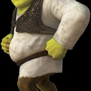 May include: A full-body image of Shrek, a green ogre character. He wears a white tunic, brown vest, and plaid leggings. His hands and face are green, and he has large ears. He is smiling and appears to be in motion.