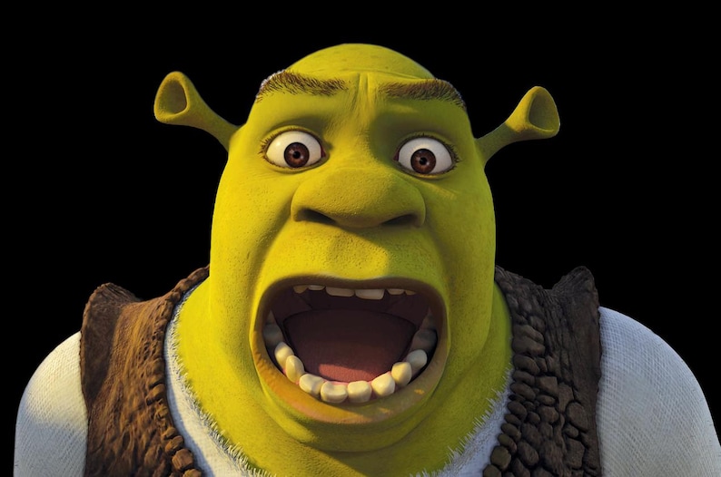 May include: A close-up of the animated character Shrek with a surprised expression. Shrek's green skin contrasts with his open mouth and large brown eyes. He wears a brown vest over a white shirt, set against a black background.