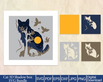 Cat 3D Shadow Box SVG | Layered Papercut Light Box Design | Cat Lover Wall Art Cut File for Cricut, Silhouette & Laser | PNG DXF Eps