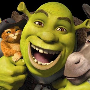 May include: A digital illustration featuring Shrek, a green ogre, smiling widely, embracing Puss in Boots, an orange cat wearing a hat, and Donkey, a gray donkey. The characters are from the animated movie Shrek.