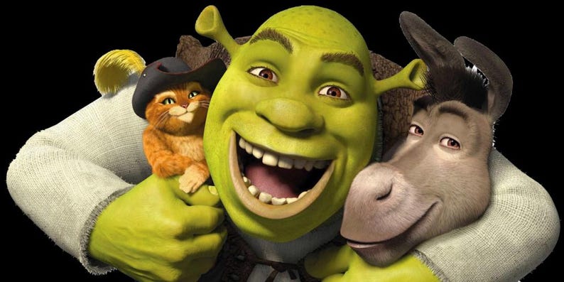 May include: A digital illustration featuring Shrek, a green ogre, smiling widely, embracing Puss in Boots, an orange cat wearing a hat, and Donkey, a gray donkey. The characters are from the animated movie Shrek.