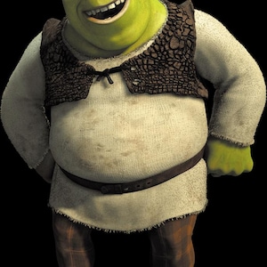 May include: A full-body image of Shrek, a green ogre character. He wears a white tunic, a brown vest, and brown pants. He has a wide smile, and his hands are at his sides. The background is black.