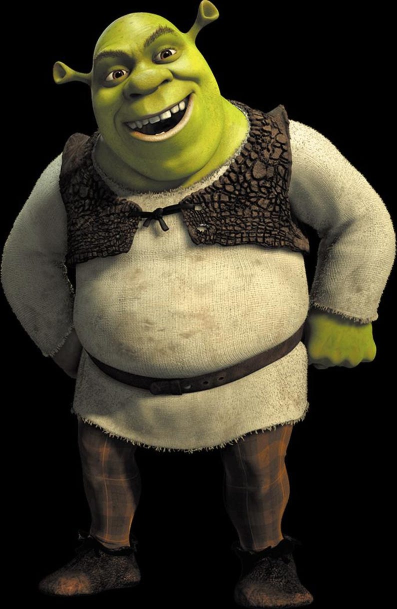 May include: A full-body image of Shrek, a green ogre character. He wears a white tunic, a brown vest, and brown pants. He has a wide smile, and his hands are at his sides. The background is black.