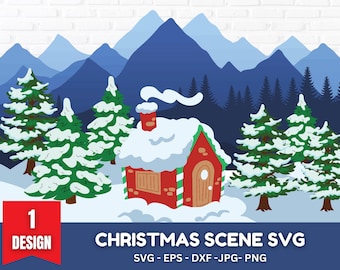 クリスマスシーンSVG：サンタ、トナカイ、冬の村（デジタルダウンロード