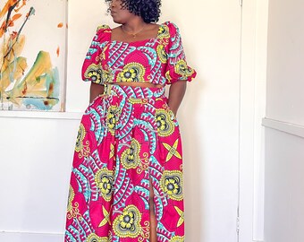 Pleated Pink Ankara Maxi Skirt with side slit/Ankara Set/ Cropped Top/