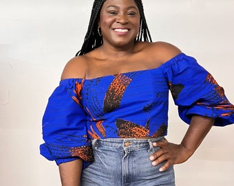 Blue and Orange African Print Puff Sleeved Cropped Top/Off shoulder/Square Neck