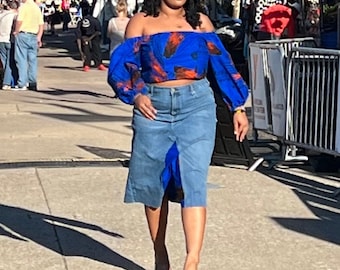 Upcycled Denim skirt with African Print