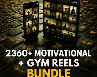 May include: A smartphone and a tablet displaying grids of silhouette images of people exercising, surrounded by a pattern of identical screens. The text reads 2360+ MOTIVATIONAL + GYM REELS BUNDLE ALL ROUNDER in white and yellow lettering.