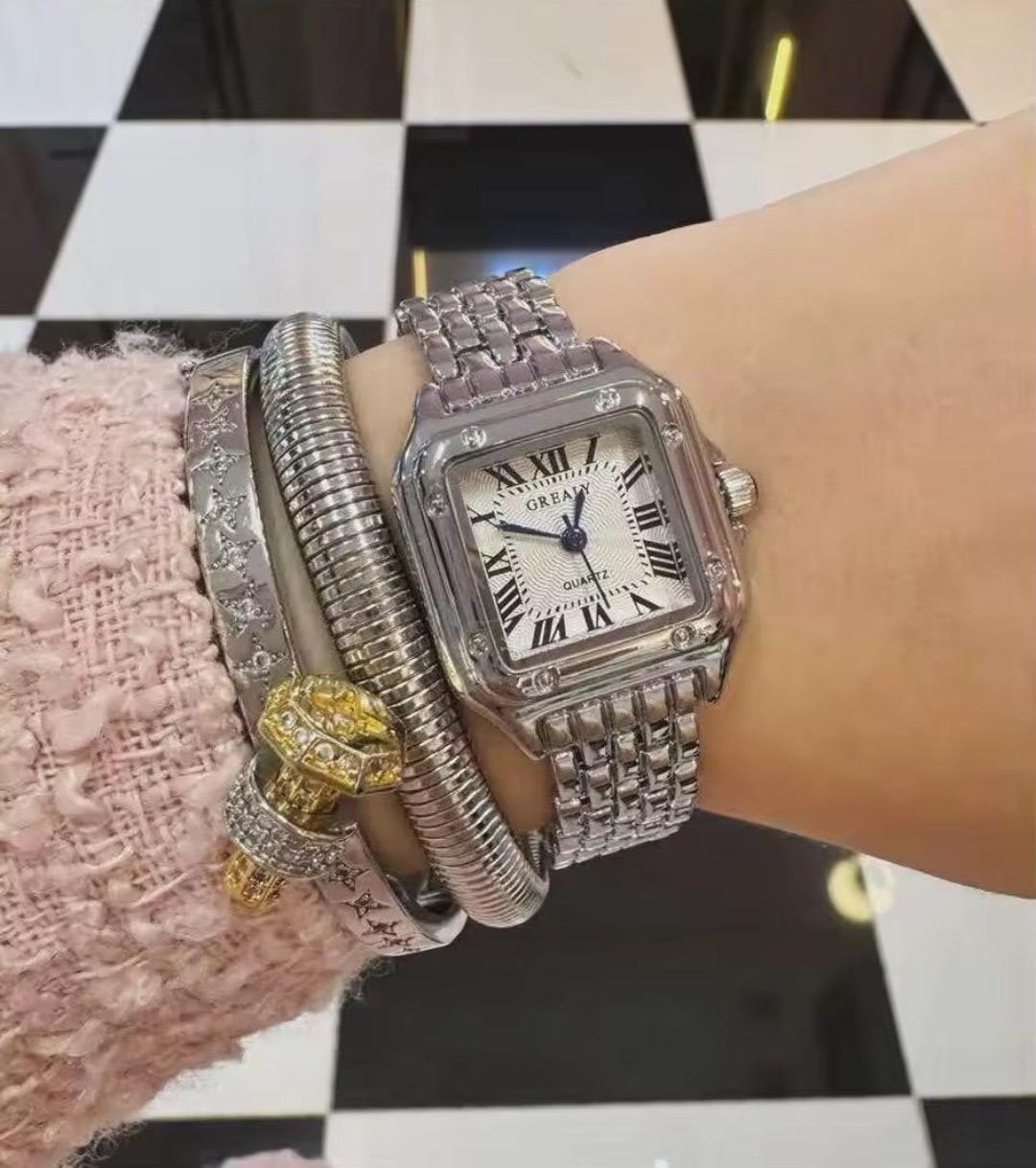 Designer Style Silver Square Watch with Roman Numerals Boxed Papers Classic Square Watches for Men with Roman Numerals Casual  main image 4