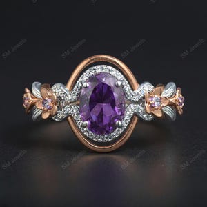 Oval Amethyst Ring: 14K Two Tone Gold, CZ Floral Shank