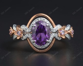 Oval Amethyst Ring: 14K Two Tone Gold, CZ Floral Shank