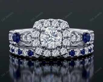 3/4 CT. T.W. Moissanite & Sapphire Vintage-Style Halo Engagement Ring : Love Collection 14K White Gold Plated