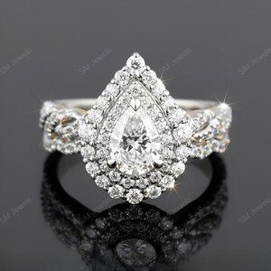Pear Cut Moissanite Halo Bridal Set: Two Tone Gold Plated Ring