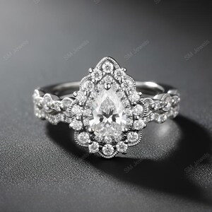 Pear Cut Moissanite Bridal Set: Vintage Halo, 14k White Gold Plated