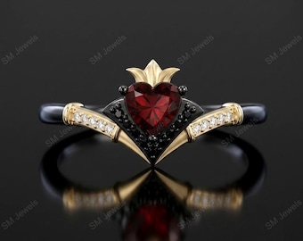 Alice in Wonderland Heart-Shaped Garnet & CZ Diamond Ring Sterling Silver