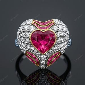 May include: A heart-shaped ring featuring a large central heart-cut red gemstone surrounded by a halo of small round white diamonds. The setting is crafted from silver-toned metal with gold-toned accents and additional baguette-cut red stones.