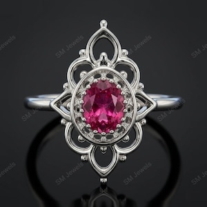 Anillo de compromiso vintage de rubí, estilo gótico, filigrana, art déco, anillo único y llamativo, regalo de aniversario