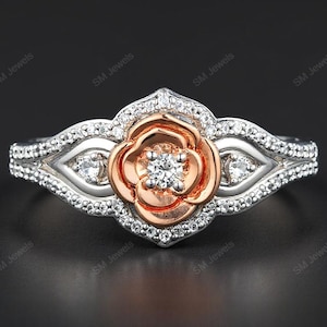 1/5 CT Round Moissanite Belle Rose Ring: 14K Two-Tone Gold Floral Engagement