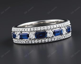 Blå safir och CZ Love Collection vigselring för brudpar: 14K vitguldplätering