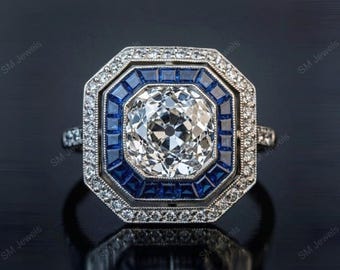 Bague de fiançailles Art déco en moissanite et saphir vintage Bague halo octogonale unique cible