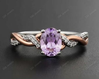 Handmade Amethyst & CZ Promise Ring: 10K Gold Plated, Two-Tone
