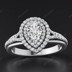 1 CT Pear Cut Moissanite Halo Engagement Ring: 14K White Gold Plated