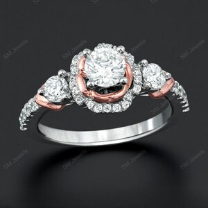 Moissanite Three Stone Engagement Ring: 14K Two Tone Gold Plated Halo