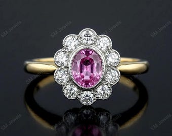 Vintage Style Pink Sapphire Halo Engagement Ring, Art Deco Cluster Flower Promise Bridal Ring