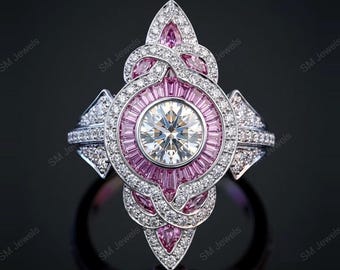 Art Deco Pink Sapphire & Moissanite Engagement Ring, Unique Geometric Cocktail Statement Halo Ring