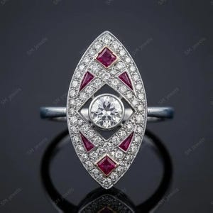 Art Deco Ruby Engagement Ring Vintage Style Moissanite Navette Antique Statement Ring