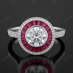 Round Moissanite & Ruby Halo Ring: Vintage Art Deco Engagement Statement Piece
