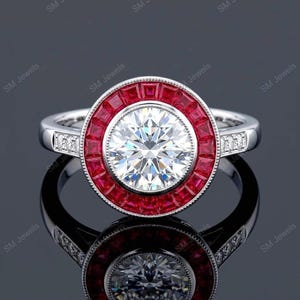 Round Brilliant Halo Engagement Ring Art Deco Ruby Target Vintage Milgrain Wedding Statement Ring