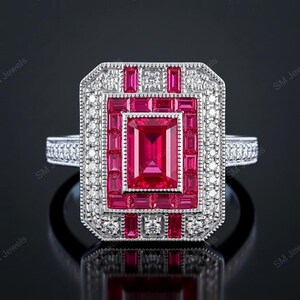 Art Deco Rubin Cocktailring, rechteckiger Edelstein Vintage-Stil Halo Statement Ring eleganter Jubiläumsschmuck