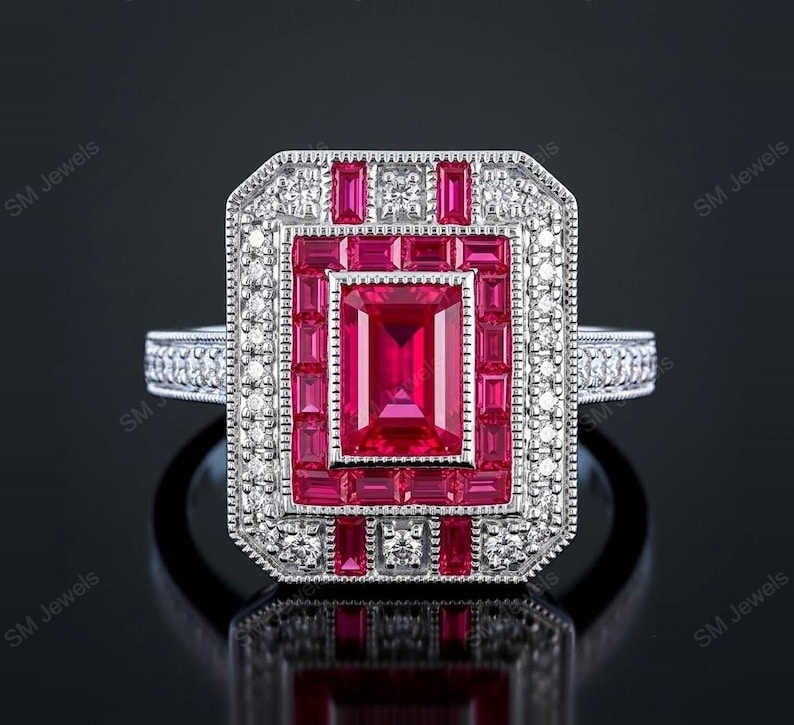 Art Deco Ruby Cocktail Ring, Rectangular Gemstone Vintage-Style Halo Statement Ring Elegant Anniversary Jewelry image 1