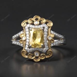 Enchanted Disney Belle Ring, 1/5 Ct White Round CZ Frame Engagement Wedding, 14k Two Tone Gold Plated, Yellow Citrine Stone Split Shank Ring