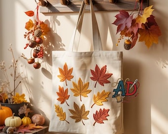 Embroidered Autumn Leaves Tote Bag, Fall Canvas Shopper