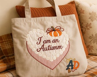 I am an Autumn Embroidered Tote Bag – Fall Pumpkin Heart Design Canvas Shopper