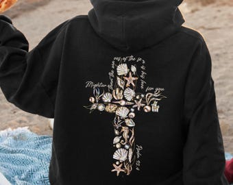Coastal Christian Hoodie, Christian Beach Shirt, Ocean Christian Sweatshirt, Catholic Gift Idea, Seashell Cross Shirt, Bible Verse Hoodie