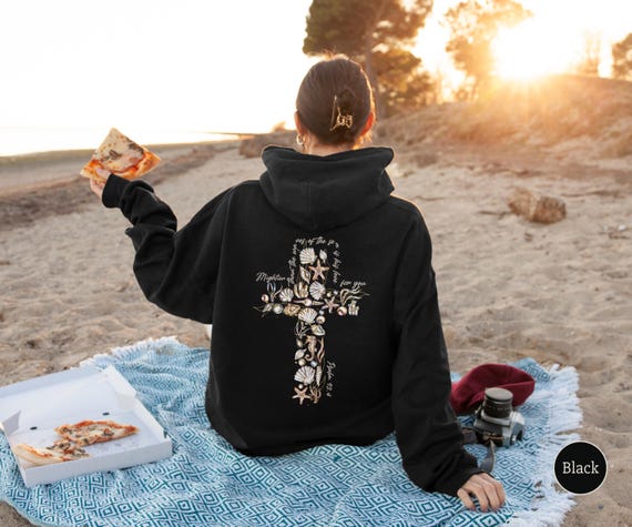 Coastal Christian Hoodie, Christian Beach Shirt, Ocean Christian Sweatshirt, Catholic Gift Idea, Seashell Cross Shirt, Bible Verse Hoodie