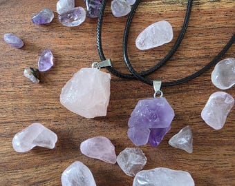 Raw Amethyst & Rose Quartz Pendant - Natural Crystal Healing Necklace - Gemstone Necklace