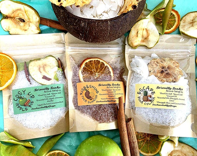 Aromatherapy Bath Salts Letterbox Gift Set - Essential Oils, Botanicals, Fruits - Serenity Soaks Aroma Delights - SPA Gift - Personalised