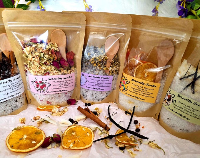 Aromatherapy Bath Salts - Essential Oils, Botanicals & Flowers - Serenity Soaks - Vegan - Eco Friendly - Home SPA Gift - Pick'n'Mix - Mix