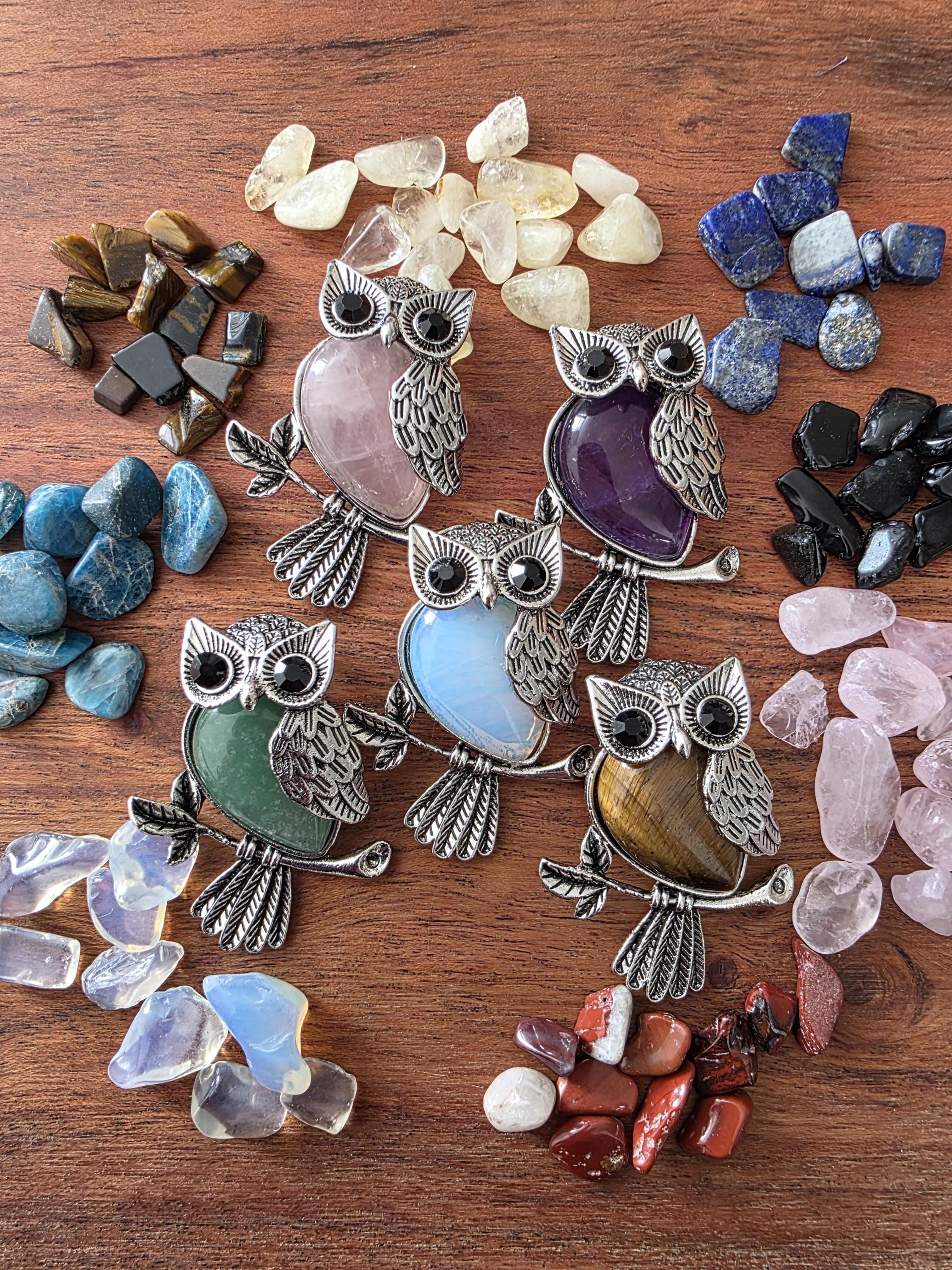 Crystal Owl Pendant Necklace: Amethyst, Rose Quartz, Green Aventurine, Opal, Tiger Eye - Natural Sto