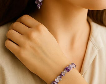 Amethyst Jewelry Set: Handmade Boho Bracelet & Earrings - Healing Crystals