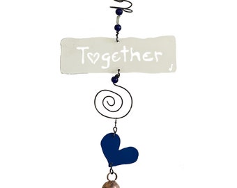 TOGETHER + HEART Cutout Recycled Hanging Metal Chime * Multiple Colors Available * Together Heart Garden Chime * Handmade Metal Wind Chime