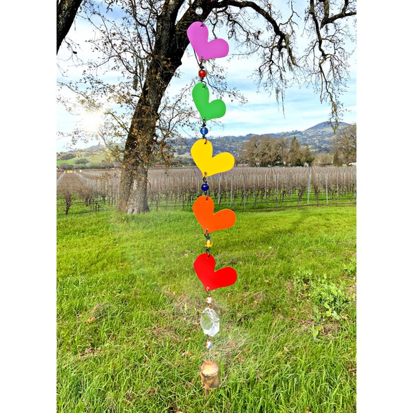 RAINBOW HEART Cutout Recycled Metal Sun Catcher Chime * Rainbow Heart Yard Art * Rainbow Colors * Handmade Rainbow Hearts Suncatcher Chime