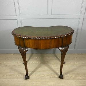 1920s Mahogany Kidney Writing Desk: Green Leather Top, Brass Handles